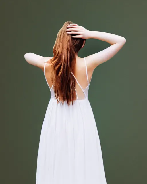 Prompt: watercolor picture of a beautiful young woman in white dress, from the back, looking at the camera, high key, 8k