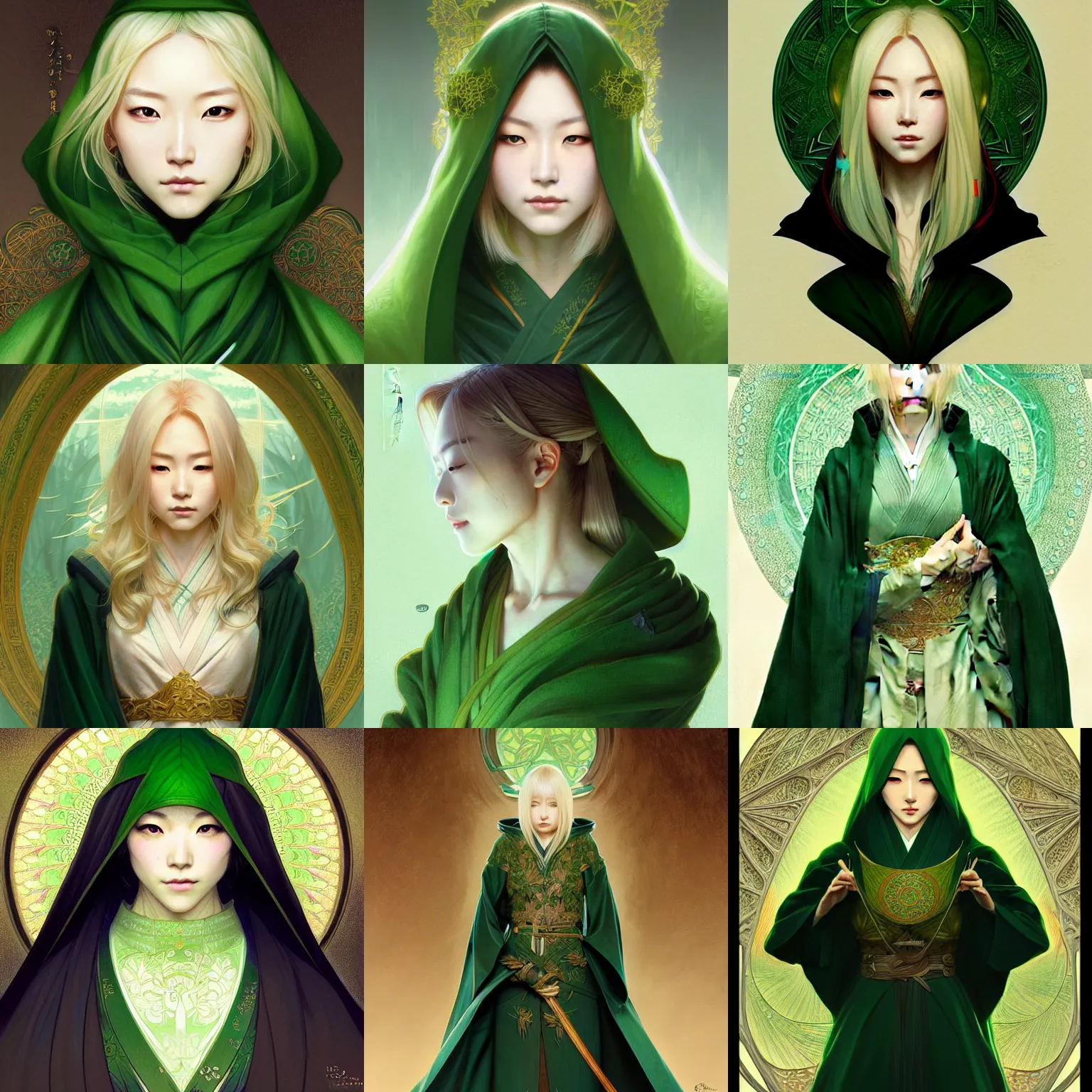 Prompt: japanese beauty with blond hair, green cloak, symmetrical portrait, d & d, fantasy, intricate, elegant, highly detailed, digital painting, artstation, concept art, smooth, sharp focus, illustration, art by artgerm and greg rutkowski and alphonse mucha