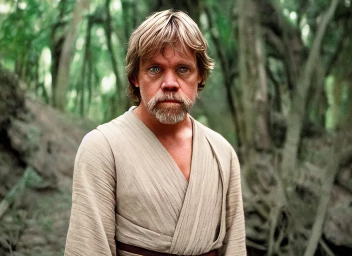 Prompt: screenshot portrait of luke skywalker at the new jedi temple in the jungle. played by actor Mark Hammill, Photographed with Leica Summilux-M 24 mm lens, ISO 100, f/8, Portra 400