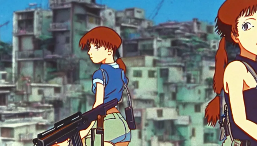 Prompt: 1 9 8 6 anime screencap of a girl with a gun on a rio de janeiro anime, by hayao miyazaki, studio ghibli, favela background extremely high quality artwork 4 k