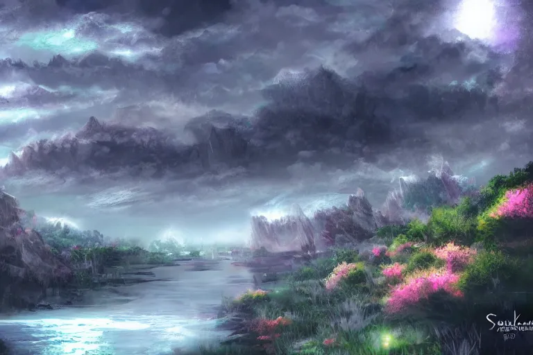 Image similar to mystical scenery , by Sakimori, digital art, pixiv scenery art