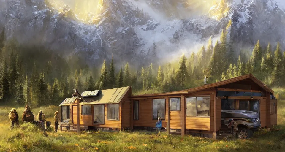 Image similar to cabela's beautiful comfortable community of modular insulated wall container home kit - house all weather military grade family dwelling tent house, person in foreground, mountainous forested wilderness open fields, beautiful views, painterly concept art, environmental concept art, concept art illustration, by james gurney, by craig mullins, by greg rutkowski trending on artstation