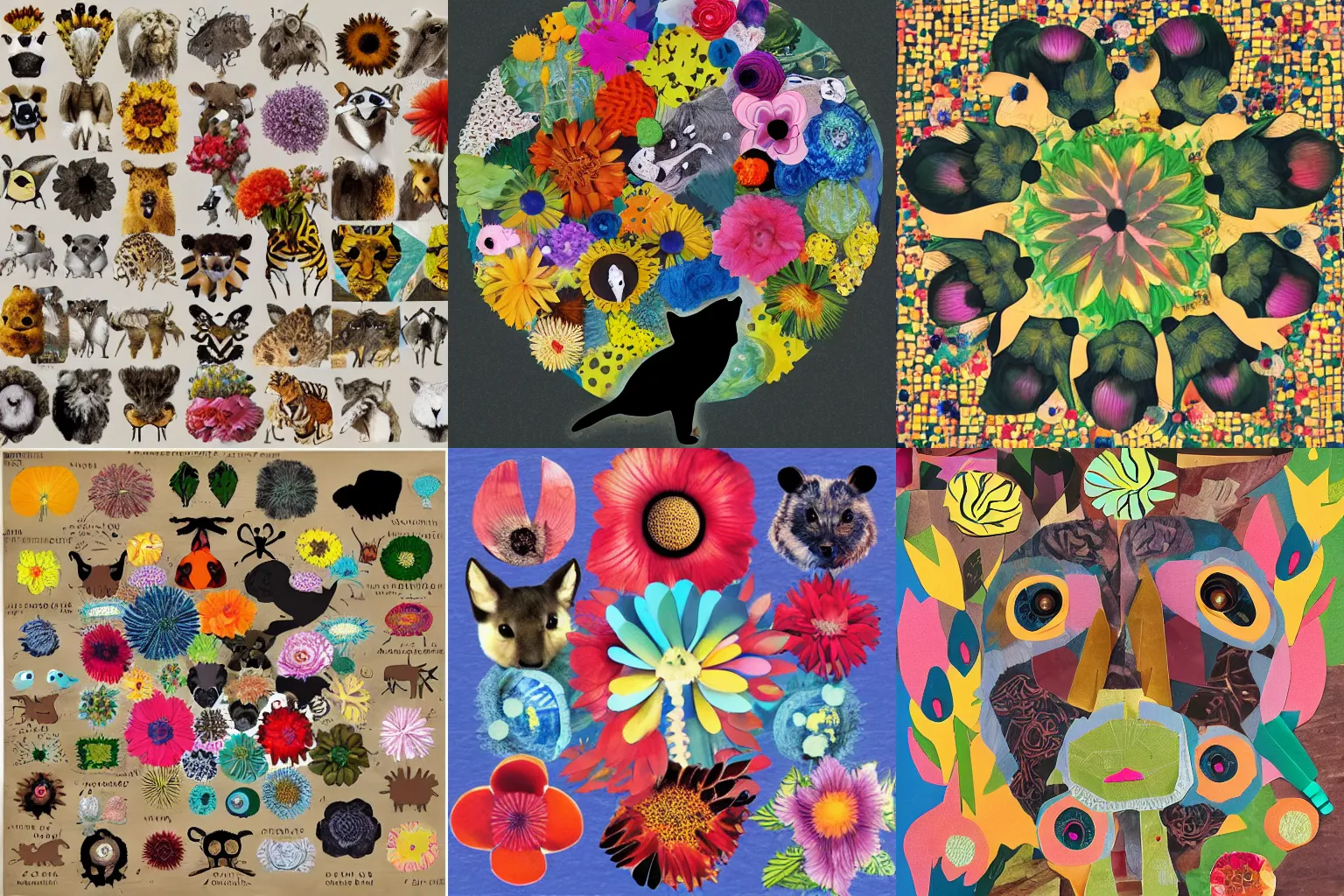 Prompt: animal shapes that when arranged on top of each other create a collage forming an image of a flower