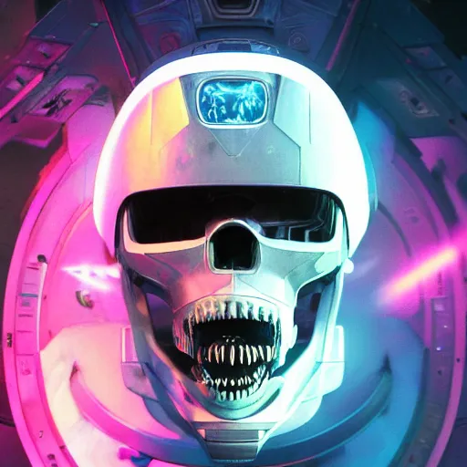 Image similar to portrait of a futuristic space pirate skull. VR helmet broken. sci-fi Iridium visor. intricate abstract. intricate spaceship decor. nightmare fuel. terrifying. warhammer 40k. Ghost in the Shell style, by Tooth Wu, Wlop, Beeple, Dan Mumford. octane render, trending on artstation, Greg Rutkowski very coherent symmetrical artwork. cinematic, hyper realism, high detail, octane render, 8k, iridescent accents, black and white