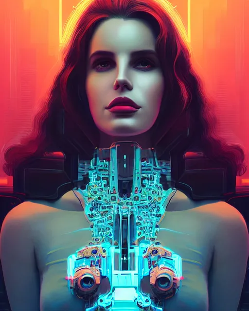 Image similar to portrait of lana del rey as a cyborg. intricate abstract. intricate artwork, by tooth wu, wlop, beeple, dan mumford. concept art, octane render, trending on artstation, greg rutkowski very coherent symmetrical artwork. cinematic, key art, hyper realism, high detail, octane render, 8 k, iridescent accents