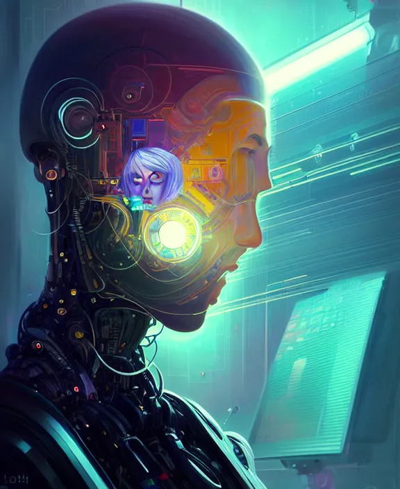 Prompt: a whirlwind inside the metaverse, guy, man, science, machine face, futuristic, hologram, half body, neurochip, android, cyborg, cyberpunk face, by loish, d & d, fantasy, intricate, elegant, highly detailed, colorful, digital painting, artstation, concept art, art by artgerm and greg rutkowski and alphonse mucha
