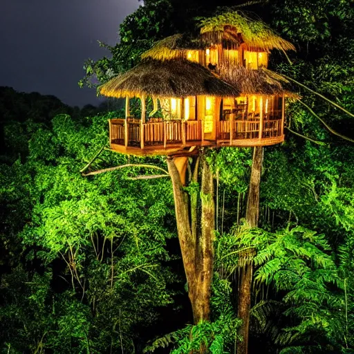 Image similar to a treehouse in a lush jungle during a thunderstorm in the night