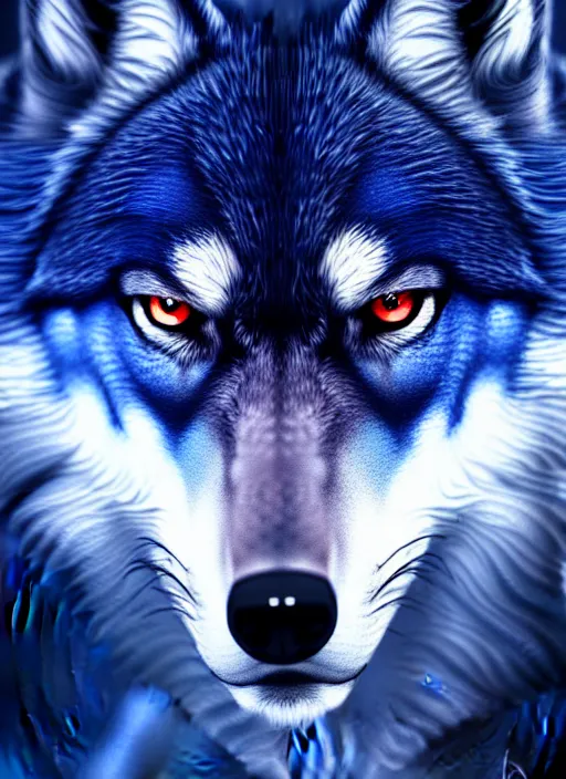 Image similar to blue wolf, red eyes highly detailed, deep focus, elegant, digital painting, smooth, sharp focus, illustration, ultra realistic, 8 k, art by wlop