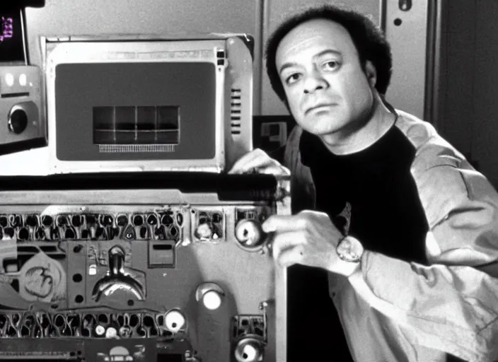 Image similar to film still of young old Cheech Marin with HAL 9000 computer in the background as Dr. Dave Bowman in 2001 A Space Odyssey