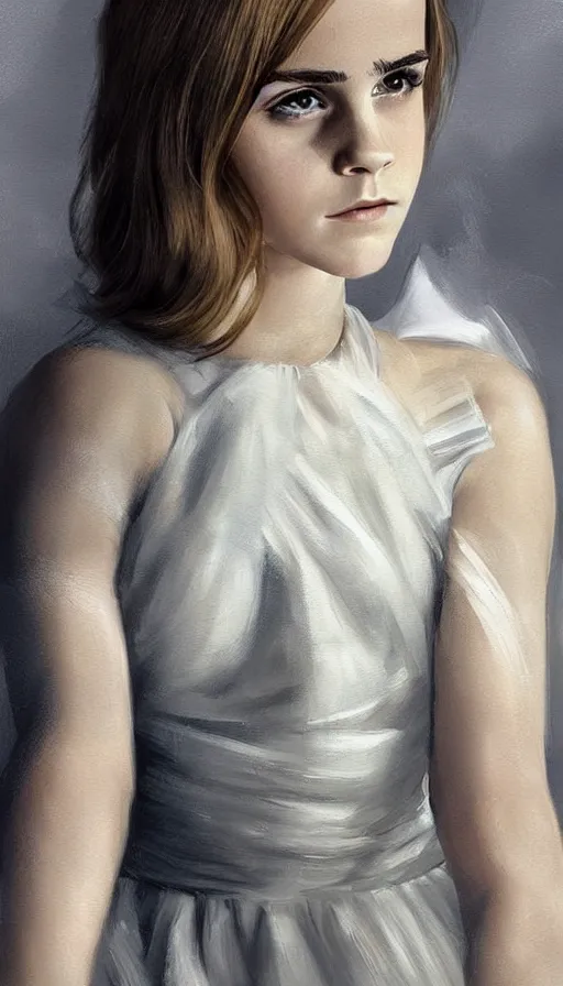 Image similar to Angel, perfectly-centered-painting of young Emma Watson in Mad Men looking at the camera, hands not visible, sweaty, wet, dynamic action pose, insane, intricate, highly detailed, digital painting, photography, artstation, concept art, smooth, sharp focus, illustration, Unreal Engine 5, 8K, art by artgerm and greg rutkowski and alphonse mucha