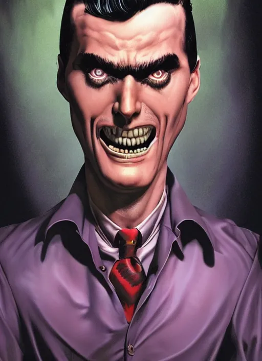 Image similar to aesthetic digital illustration of a handsome grinning young man by brian bolland, rachel birkett, alex ross, and neal adams | sinister, dangerous, character concept, concept art, unreal engine, finalrender, centered, deviantart, artgerm