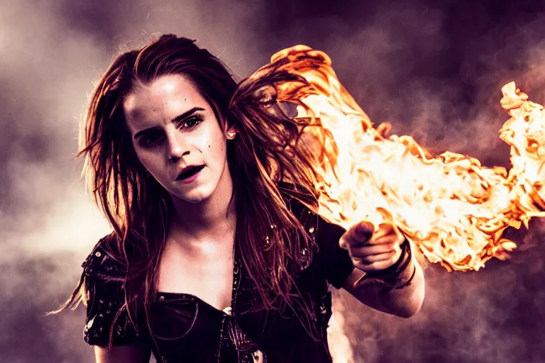 Image similar to emma watson as a heavy metal singer, stage lights, smoke, flames, medium shot