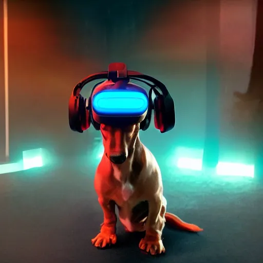 Image similar to dachshund dog wearing vr headset and htc vive trackers recording motion capture, artstation, eerie lighting, cyberpunk