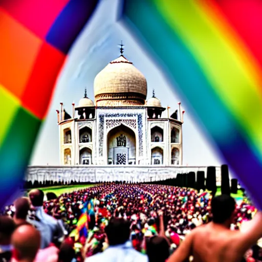 Prompt: photo of crowd of men with rainbow flags dancing at ( ( ( ( taj mahal ) ) ) ), well framed, sharp focus, 8 k, beautiful, award winning photo, highly detailed, intricate, centered