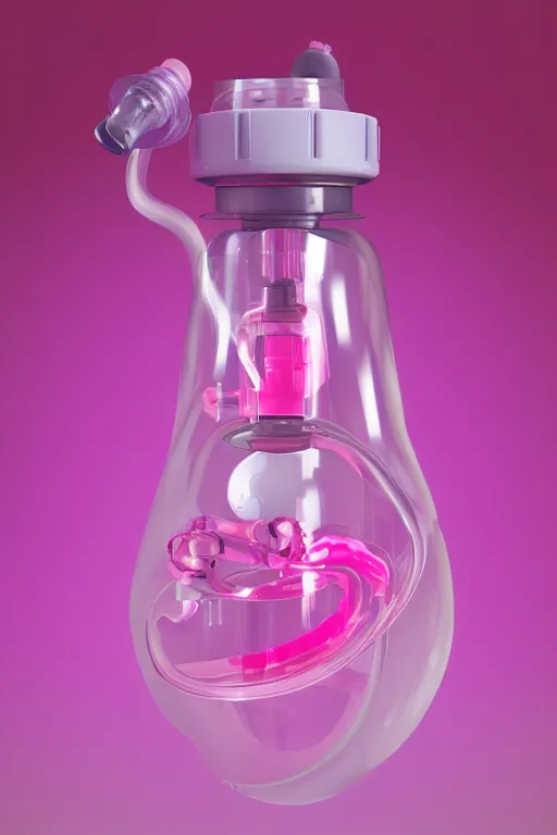 Prompt: Pink Vapor Inhalation Machine Conected to a Spherical Bottle of Pink Liquid by a Tube, Pink Vapor Leaking from an Oxygen Mask, fantasy, magic, ultra detailed, digital art, trending on artstation, illustration