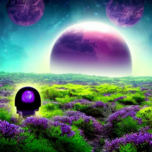 Image similar to lonely astronaut in alien planet filled with plants, with beautiful purple sky, realistic, 4 k, ultra hd