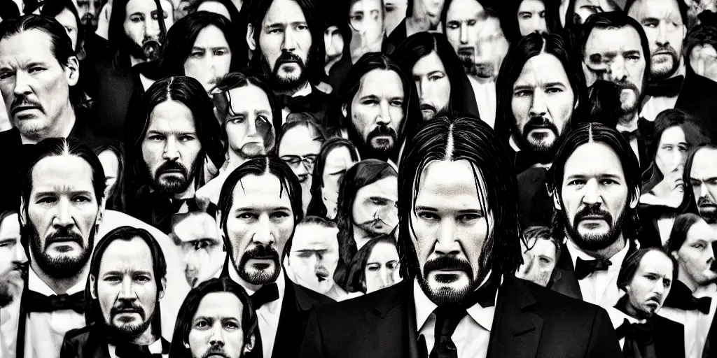 Image similar to John Wick, photo of a group, an album cover by David Gilmour Blythe, pinterest, bauhaus, tesseract, composition, national geographic photo, flemish baroque