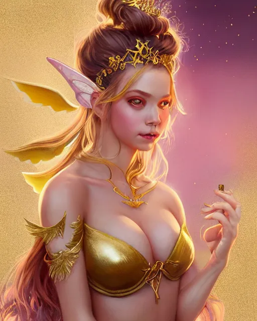 Prompt: cute fairy princess portrait, gold bra, gold wings, highly detailed, d & d, fantasy, highly detailed, digital painting, trending on artstation, concept art, sharp focus, illustration, art by artgerm and greg rutkowski and fuji choko and viktoria gavrilenko and hoang lap