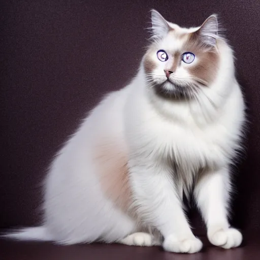 Image similar to full-body studio photograph of a birman cat, clear ice-blue eyes, warm brown colorpoints, hd, studio lighting, stock photo, longhaired, anatomically accurate