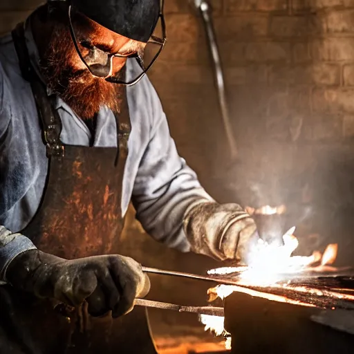 Image similar to A blacksmith working at his anvil in a dark, smoke-filled workshop, 100mm lens, very detailed, no blur, sharp focus, realistic