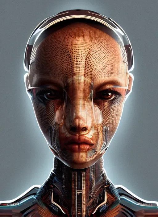 Prompt: beautiful portrait of an alien cyborg, style of Feng Zhu, Artstation geometric, aesthetic, big eyes, smooth skin, unique features, symmetrical, intricate crown, high fashion, streetwear, cyberpunk, detailed, octane render, cinematic, 8k, brown skin, retro sci fi film,