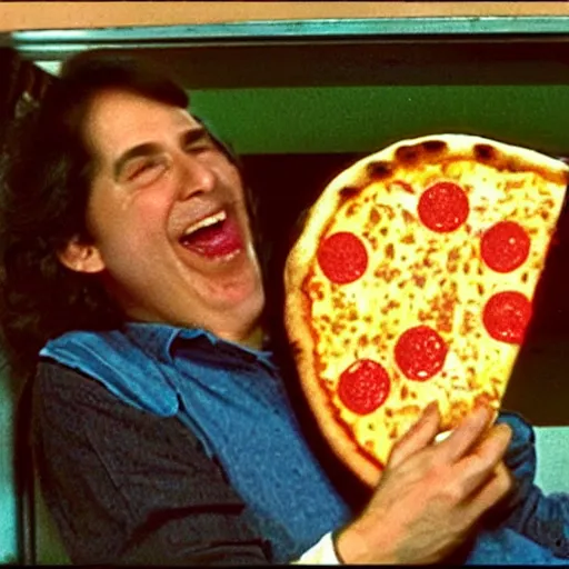 Prompt: a still from a pizza commercial, cheese stretches off a slice 1 9 8 0 s