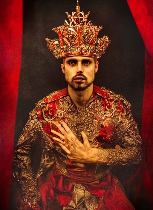 Image similar to 'Portrait of Crowned King Arthur' by Lee Jeffries royally decorated, whirling plasma, atmospheric motes, red and gold Sumptuous garb, gilt silk fabric, radiant colors, fantasy, perfect lighting, studio lit, micro details,