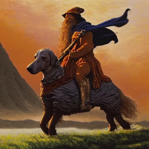 Image similar to Highly detailed oil painting of Gandalf the White riding a dachshund, intricate artwork by Angus McBride, John Howe, Matthew Stewart, Ted Nasmith, heroic fantasy