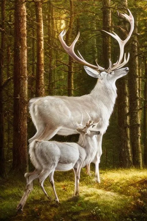 Image similar to an oil painting of the king of the forest: a white stag, beautiful, fantasy, hyper realistic, dramatic lighting