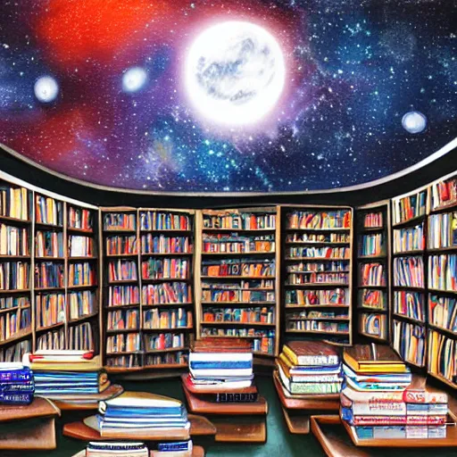 Prompt: panting of book store in space