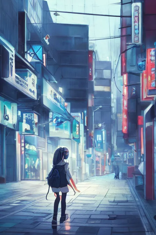 Prompt: anime teen with headphones walking at the streets of tokyo at dawn, wlop, concept art, digital painting, trending on artstation, highly detailed, epic composition, 8 k uhd