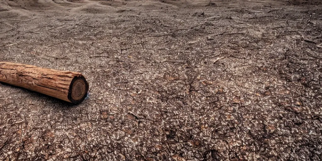 Image similar to ominous log of wood floating in a dusty scenery, dangerous aura, low angle shot