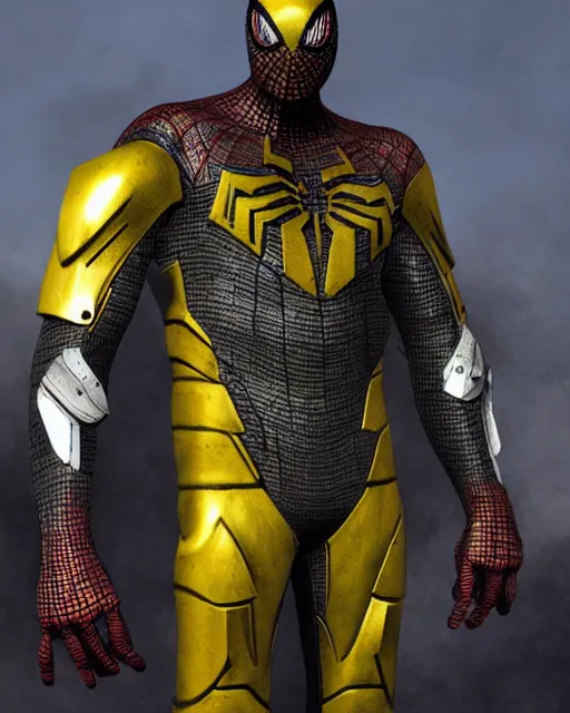 Image similar to super detailed photo realistic brute armor designed at horizon labs to help protect peter after the loss of his spider - sense, black and yellow spiderman suit