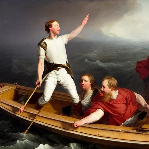 Prompt: Closeup Mark Zuckerberg Crossing the Delaware, oil-on-canvas painting by Emanuel Leutze