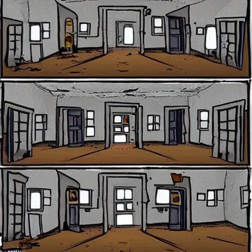 Image similar to a small long room the room is dirty in the right side there is a window you can't see anything because there's a fog in the right window in the left side there is a door in the other side of the door they are a couple of zombies getting the door the door is almost broken because of the zombies zombie apocalypse style