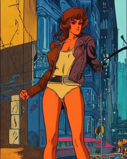 Image similar to young female protagonist in leather jacket, city street, artwork by ralph bakshi