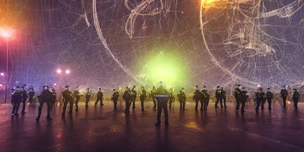 Image similar to policemen protecting a huge spiral - shaped bright luminous attractor right in the center of the city from protesting people,, rain and light fog, professional lighting, concept art in 3 d, high detail, professional lighting, 8 k, unreal engine