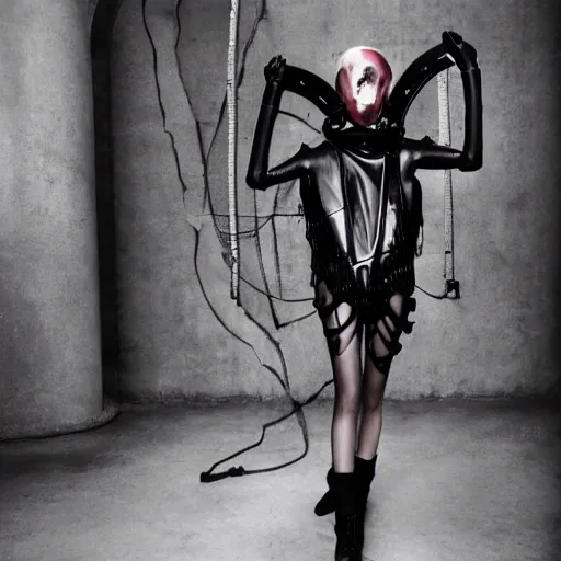 Image similar to fashion photography of an extraterrestrial model, holding a leather whip, wearing demobaza fashion, inside berghain, berlin fashion, harness, futuristic fashion, dark minimal outfit, photo 3 5 mm leica, hyperdetail, berghain, 8 k, very detailed, photo by nick knight