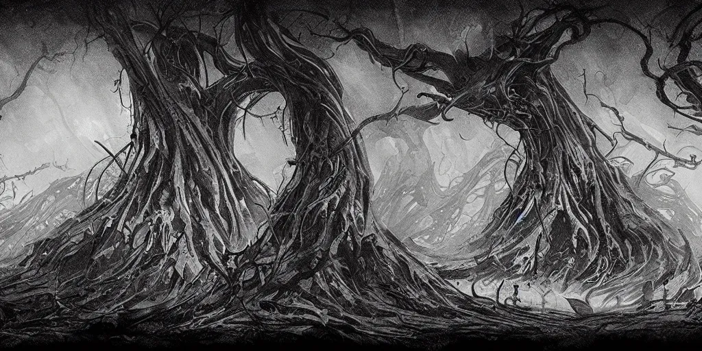 Prompt: concept art of lovecraft horror, eldritch horror, on a darkling plain, drawn by nicholas delort!! graphic black and white, low camera, wide angle, centered composition, golden ratio