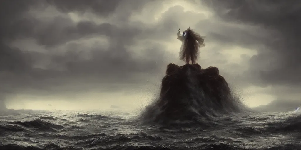 Image similar to Eldrich god rising out of the ocean, hyper realistic oil painting, dark, moody cinematic lighting, creepy, fog, storm clouds, by greg rutkowski, trending on artstation