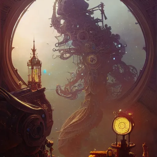 Prompt: a highly detailed digital image of an imagination machine, concept art, artstation, cgsociety, very detailed, intricate, detailed illustration, by greg rutkowski and alphonse mucha, Paul Lehr and Alexander Jansson, irradescent accents, ray tracing, product lighting, sharp, smooth, masterpiece