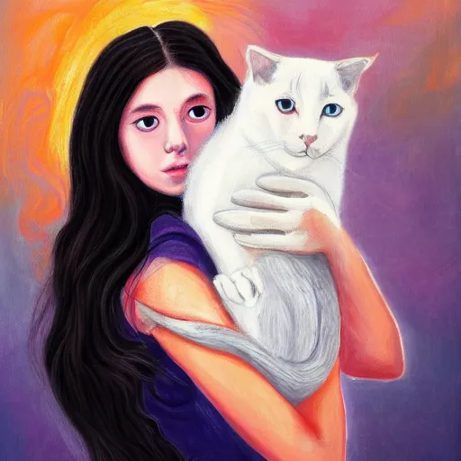 Image similar to a painting of a girl with long dark hair holding a cat in her arms, pexels contest winner, rasquache, high quality photo, rtx, hd, shiny eyes, a renaissance painting by sailor moon, anime, anime aesthetic