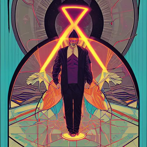 Image similar to majestic futuristic visionary inventor nikola tesla tarot crad by sachin teng, artgerm, alphonse mucha, masterpiece, organic painting, matte painting, technical geometrical drawing shapes, lightning electricity coil, hard edges, graffiti, screen printing poster art by sachin teng