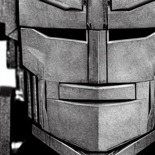 Prompt: symmetrical, close up face portrait of Optimus Prime, scowling, studio lighting, depth of field, photography, black and white, highly detailed