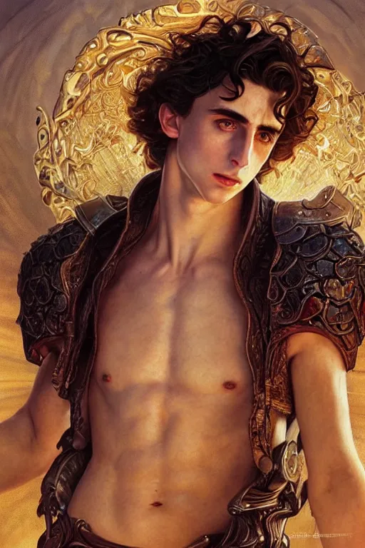 Image similar to ultra realistic illustration, timothee chalamet as perseus from baldurs gate and diablo, intricate, elegant, highly detailed, digital painting, artstation, concept art, smooth, sharp focus, illustration, art by artgerm and greg rutkowski and alphonse mucha