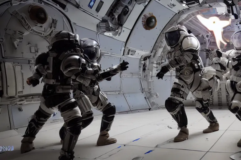 Image similar to photograph of sci-fi armored cosplay combat in space-station arena by Roger Deakins