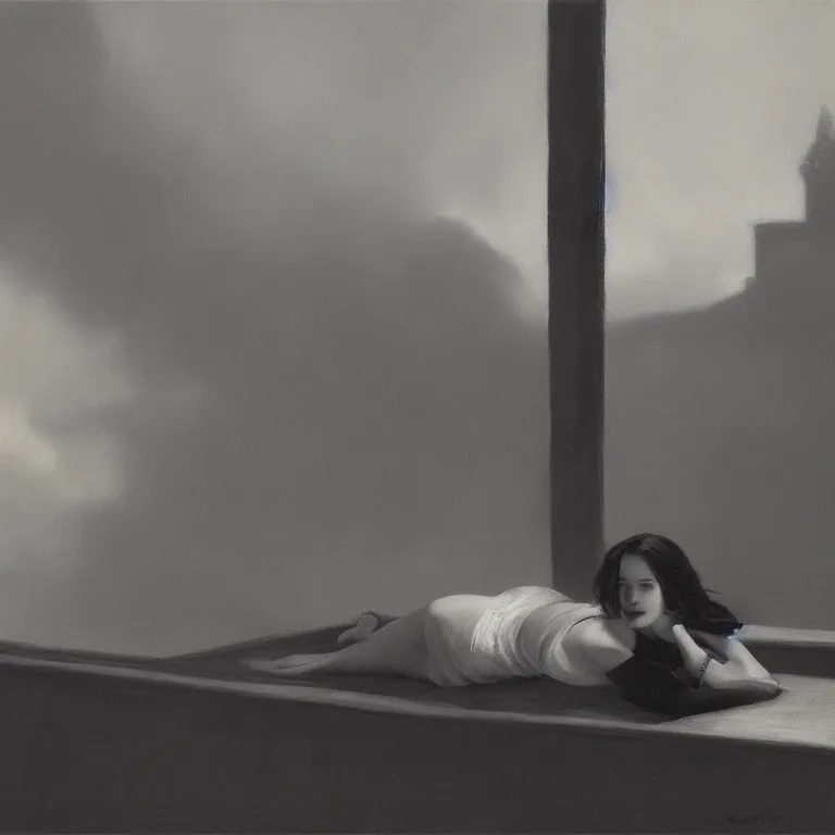 Prompt: Eva Green on a roof, fog, early morning, , painted by Edward Hopper, painted by Wayne Barlow, airbrush