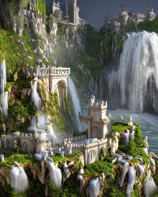 Image similar to a beautiful fantasy landscape of a large majestic castle adorned with gold linings and white marble walls from DND with lots of towers bridges and levels on top of a lush cliff with a huge waterfalls in the middle, ruins of structures at the bottom, afternoon light streaking with god rays, Dungeons and Dragons Castle, ornate, detailed, octane render, 8k, trending on artstation deviantart google images, pinterest, canon 35mm lens