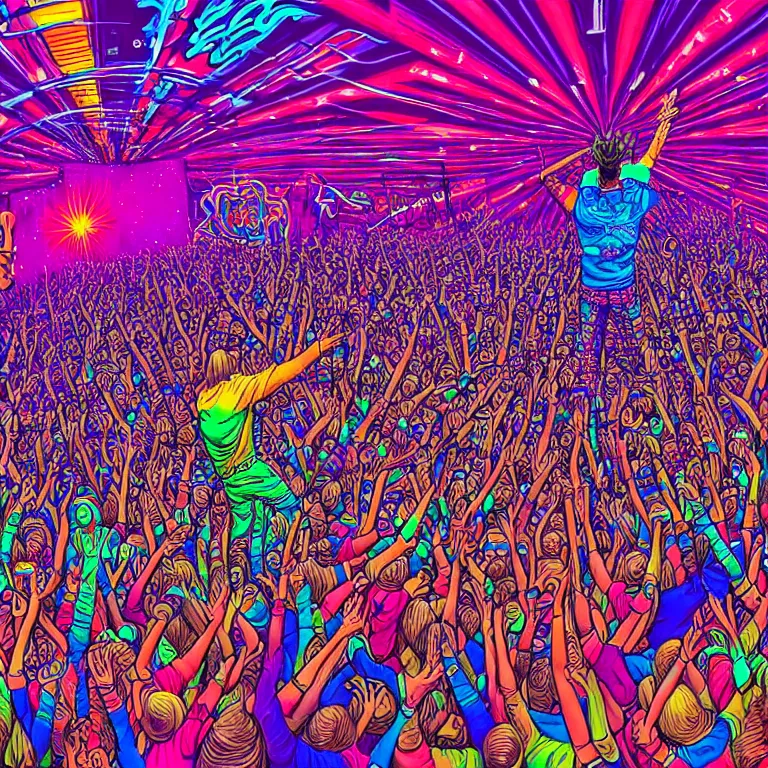 Prompt: rapping on stage at festival, holding microphone, giant crowd, epic pose, happy, psychedelic, hip hop, surreal, neon, vaporwave, detailed, illustrated by Alex Grey, 4k