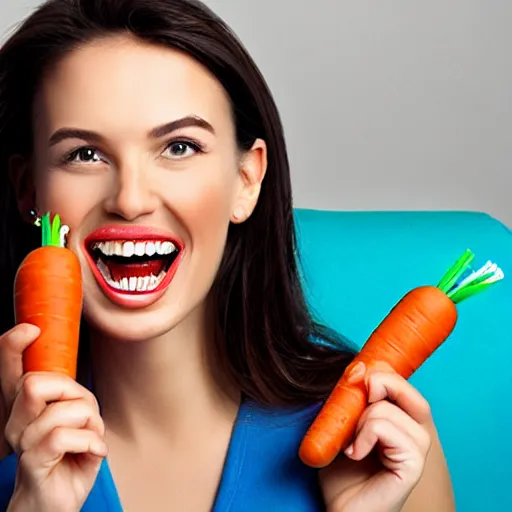 Image similar to woman with carrots instead of teeth, toothbrush advertisement